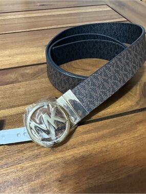 Michael Kors Reversible Brown/Black Logo Monogram Belt with Gold MK Buckle
